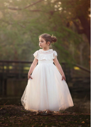White Dotted Lace Tulle Flower Girl Dress